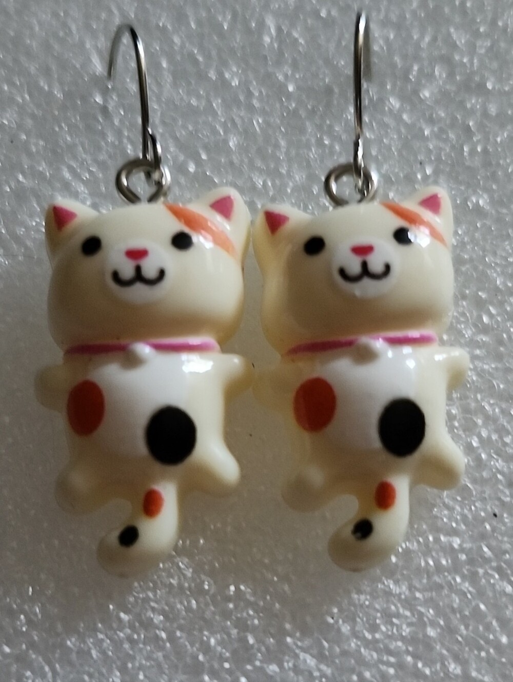 Hand Crafted Cream Cat Earrings with Black and Orange Spots